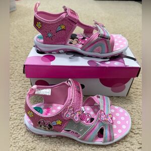 NWB Disney Minnie Mouse Pink Open Toe Hook and Loop Sandals Girls Sz 12